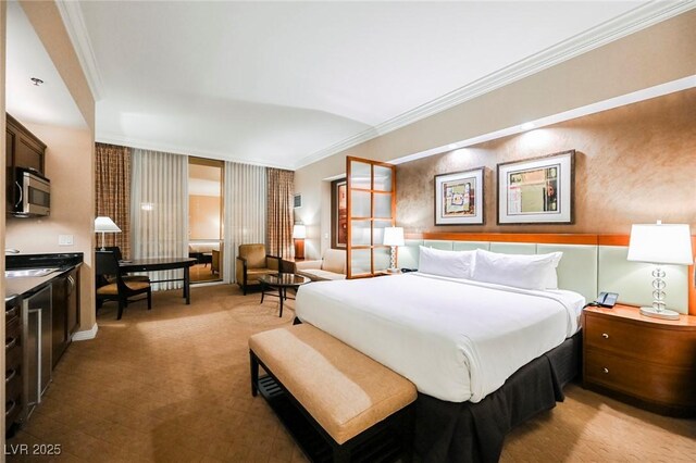 145 E Harmon Ave Unit 2503, Las Vegas, NV 89109 - carpeted bedroom with ornamental molding and wallpapered walls