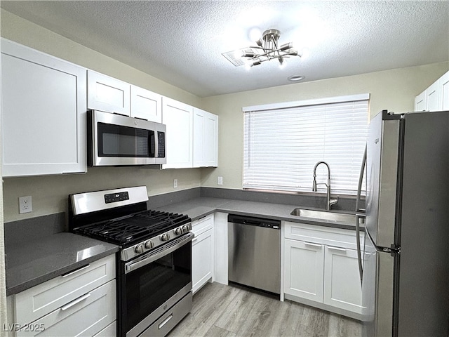 kitchen featuring light wood finished floors, a sink, appliances with stainless steel finishes, white cabinetry, and dark countertops