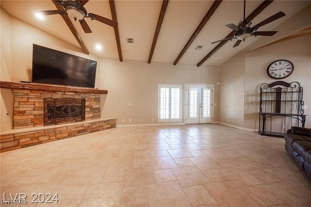 living room with high vaulted ceiling, a fireplace, visible vents, baseboards, and beam ceiling