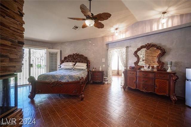 bedroom with access to exterior, ceiling fan, visible vents, and wood finished floors