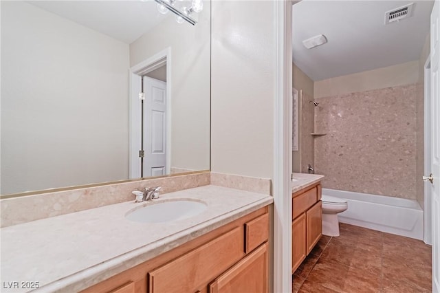 full bathroom with visible vents, shower / bathing tub combination, toilet, and vanity