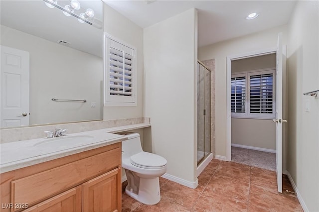 full bathroom featuring visible vents, toilet, a shower stall, vanity, and tile patterned flooring