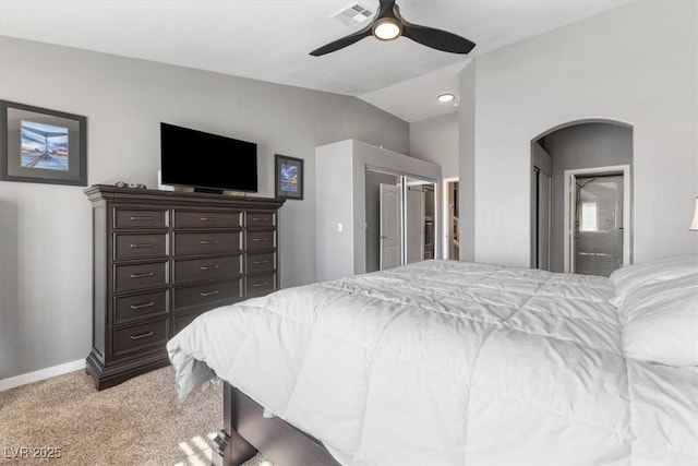 bedroom featuring ceiling fan, light carpet, visible vents, baseboards, and vaulted ceiling