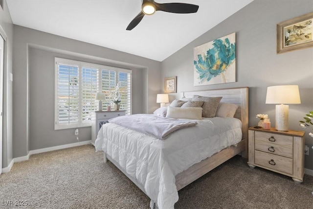 bedroom featuring a ceiling fan, carpet flooring, vaulted ceiling, and baseboards