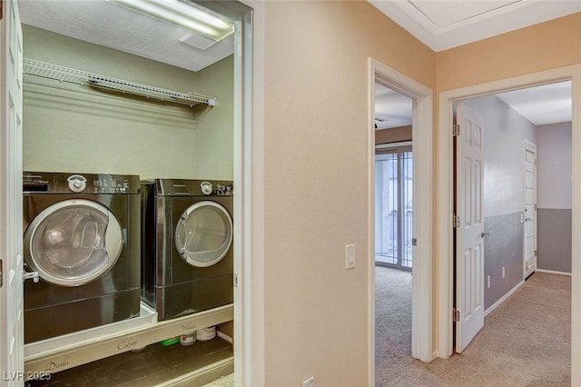 laundry area featuring baseboards, carpet, washing machine and dryer, and laundry area