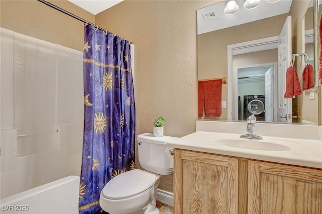 full bathroom featuring visible vents, toilet, shower / tub combo with curtain, a textured wall, and vanity