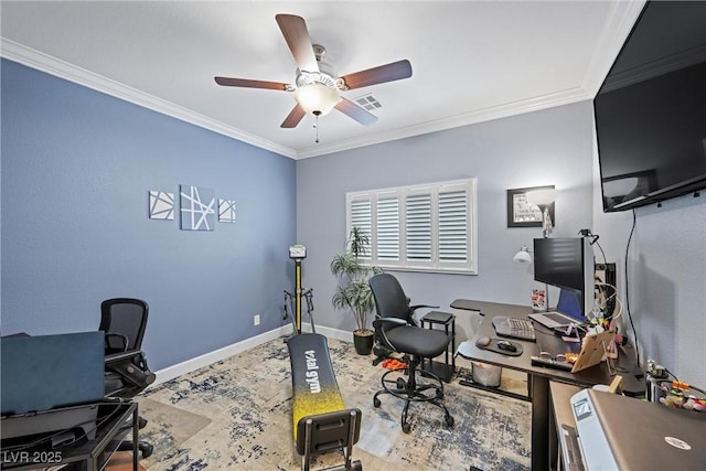 office featuring a ceiling fan, visible vents, crown molding, and baseboards