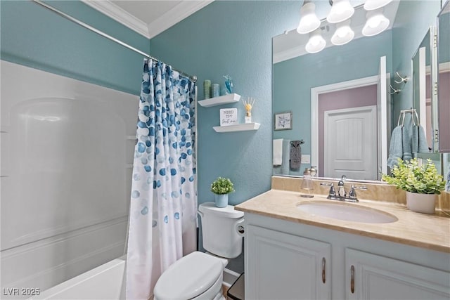 bathroom featuring a textured wall, toilet, shower / bath combo with shower curtain, ornamental molding, and vanity