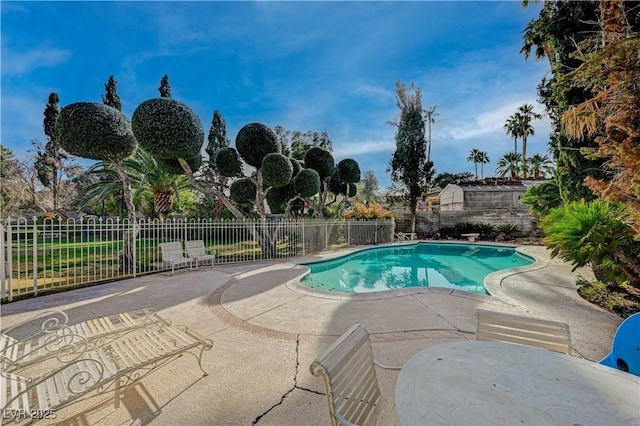 view of swimming pool with a fenced in pool, a fenced backyard, and a patio