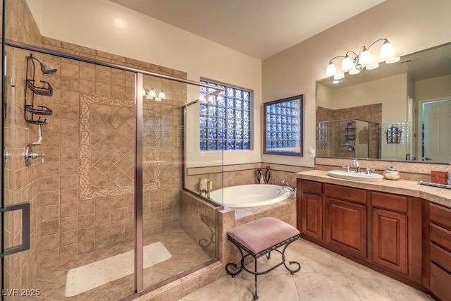 bathroom featuring vanity, tile patterned flooring, a shower stall, and a bath