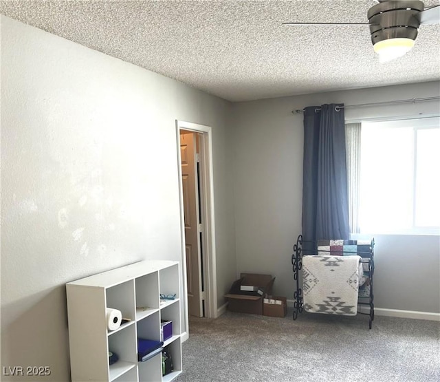 miscellaneous room with a textured ceiling, carpet, and baseboards