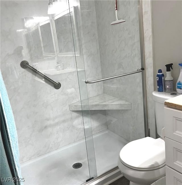 bathroom with vanity, a shower stall, and toilet