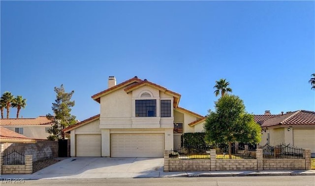 view of front of property featuring a garage, fence, concrete driveway, stucco siding, and a chimney