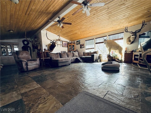 living room with lofted ceiling, stone tile floors, wooden ceiling, and a ceiling fan