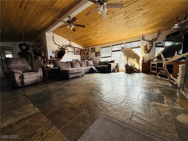 living room featuring stone tile flooring, wood ceiling, ceiling fan, and vaulted ceiling