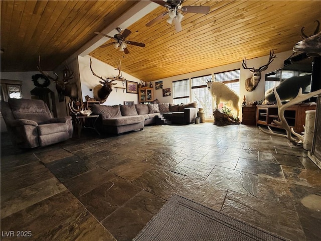 living room featuring wood ceiling, vaulted ceiling, stone tile flooring, and a ceiling fan