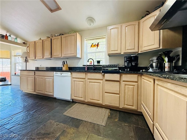 kitchen featuring light brown cabinetry, plenty of natural light, dishwasher, and ventilation hood