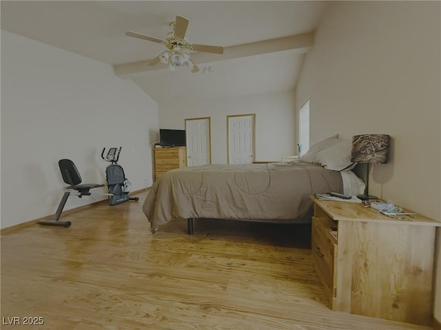 bedroom with light wood finished floors, vaulted ceiling with beams, multiple closets, baseboards, and ceiling fan