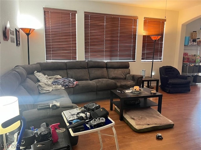 living area featuring arched walkways and wood finished floors