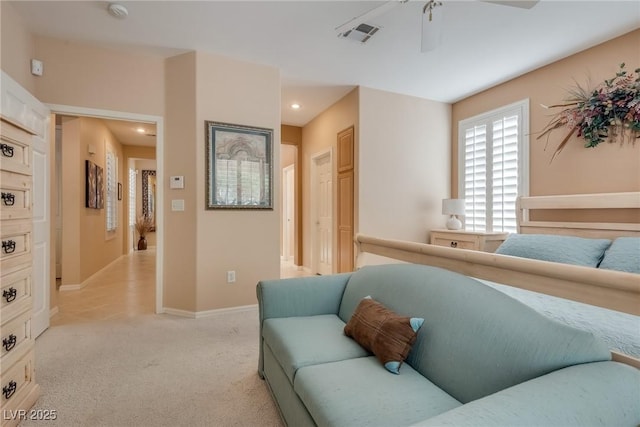 bedroom with visible vents, light carpet, a ceiling fan, recessed lighting, and baseboards