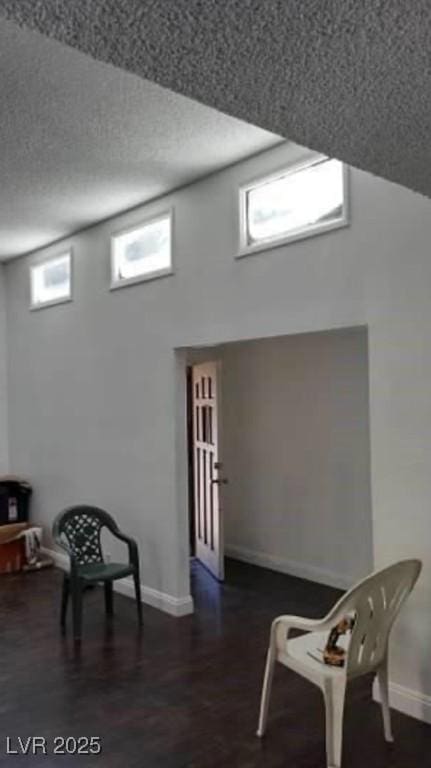 sitting room featuring a healthy amount of sunlight, a textured ceiling, baseboards, and wood finished floors