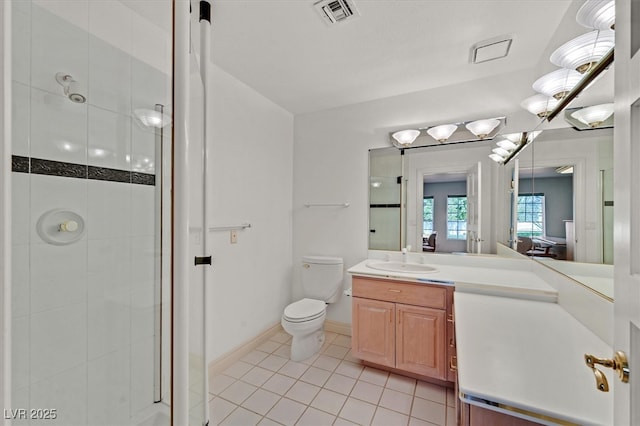 bathroom with tile patterned flooring, toilet, vanity, visible vents, and a shower stall