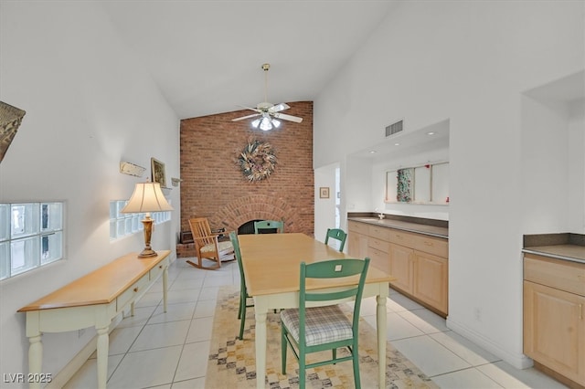 dining room featuring high vaulted ceiling, visible vents, a ceiling fan, and light tile patterned flooring