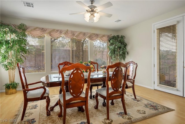 dining room featuring a ceiling fan, visible vents, and light wood-style floors