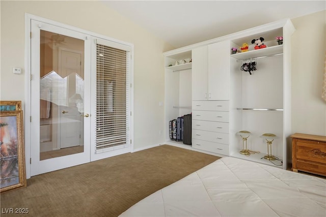 bedroom featuring carpet floors, french doors, and a closet