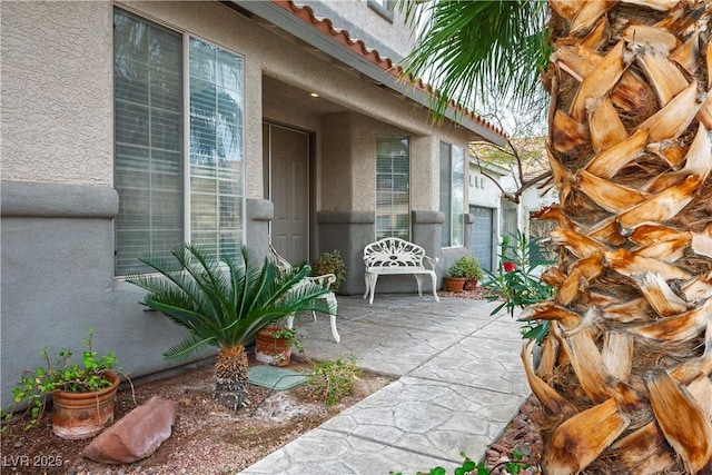 doorway to property featuring a tile roof, a patio, and stucco siding