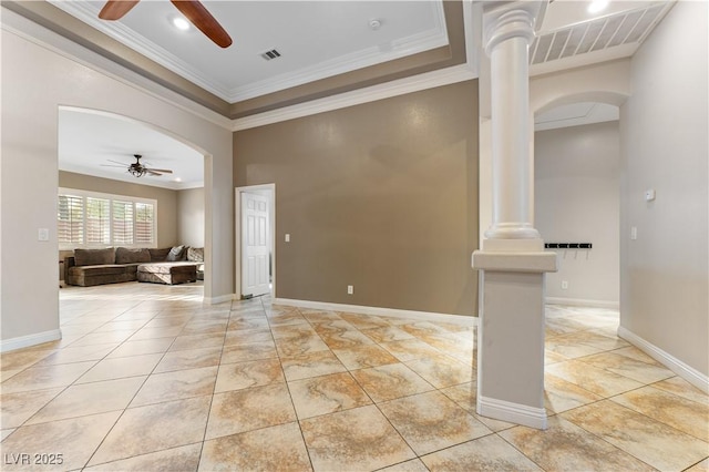 unfurnished living room with visible vents, arched walkways, a ceiling fan, and ornamental molding