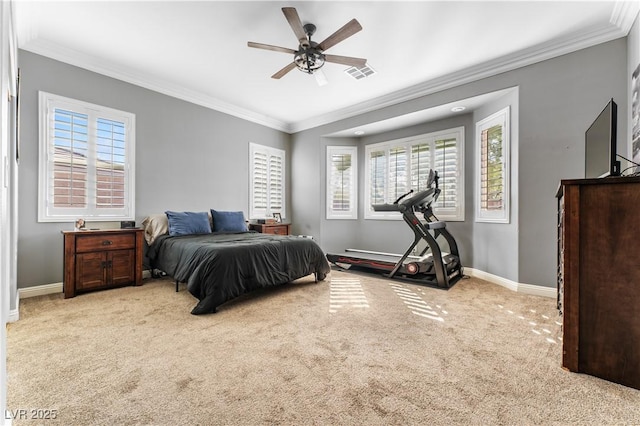 carpeted bedroom with baseboards, multiple windows, visible vents, and ornamental molding