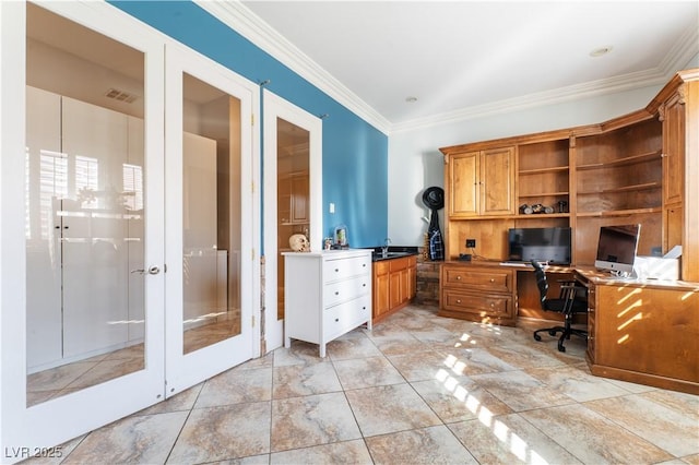 office featuring visible vents, ornamental molding, and french doors