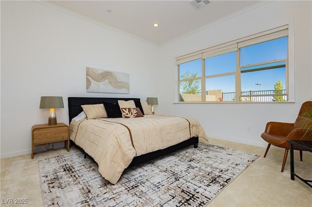 carpeted bedroom with recessed lighting, visible vents, crown molding, and baseboards