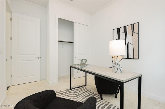 home office featuring baseboards, ornamental molding, and light colored carpet