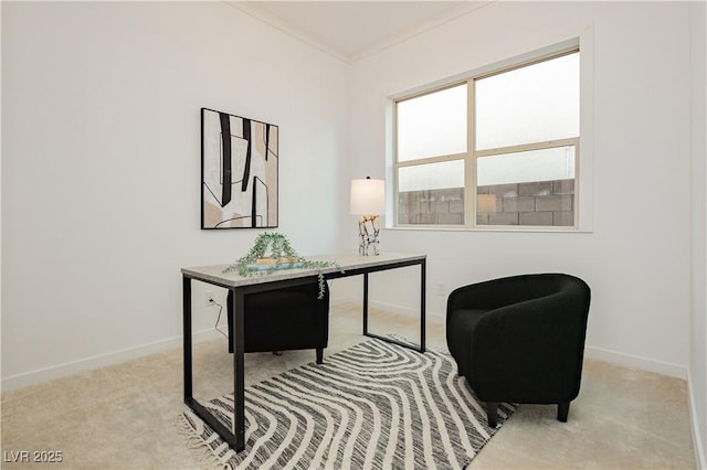 carpeted office featuring baseboards and ornamental molding