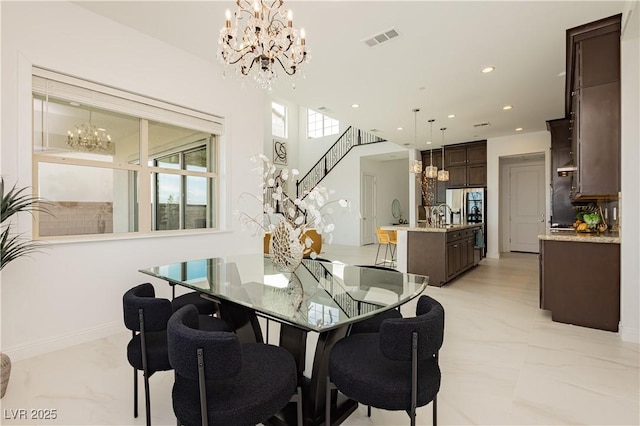 dining room featuring marble finish floor, recessed lighting, visible vents, a chandelier, and stairs