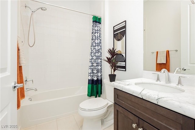 bathroom with shower / tub combo, vanity, toilet, and tile patterned floors