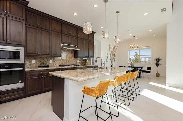 kitchen with tasteful backsplash, an island with sink, a breakfast bar, stainless steel appliances, and under cabinet range hood