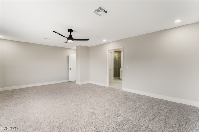 unfurnished room with baseboards, recessed lighting, visible vents, and a ceiling fan