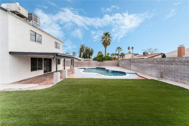 view of yard with central air condition unit, a patio area, a fenced backyard, and a fenced in pool