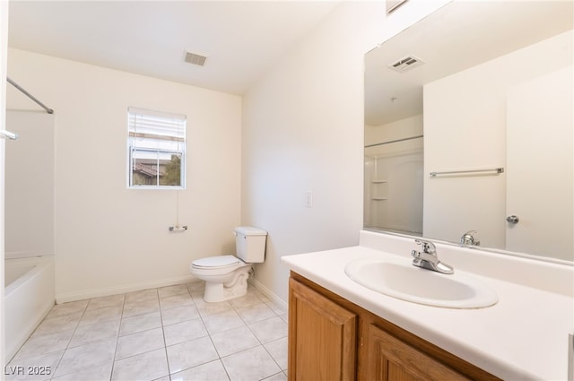 full bathroom with visible vents, vanity, toilet, and tub / shower combination