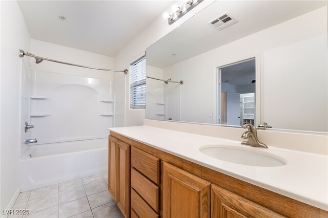 full bath featuring visible vents, vanity, shower / bathtub combination, and tile patterned floors