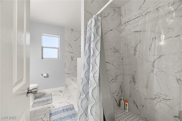 full bathroom with shower / bathtub combination with curtain and marble finish floor