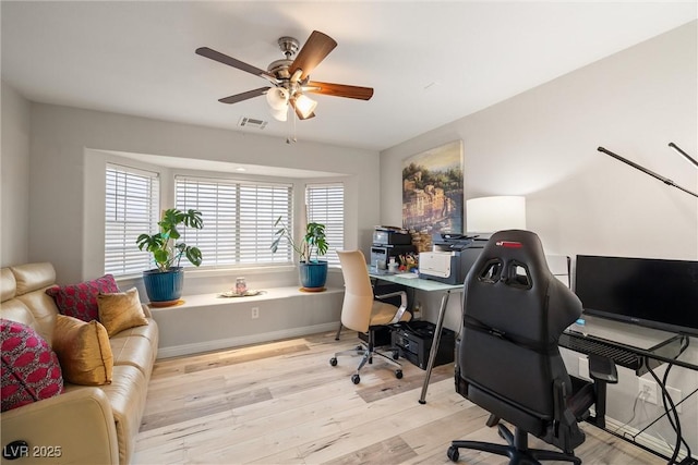 office space with visible vents, wood finished floors, and a ceiling fan