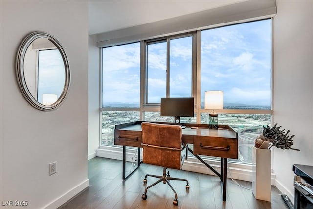 home office with baseboards and wood finished floors