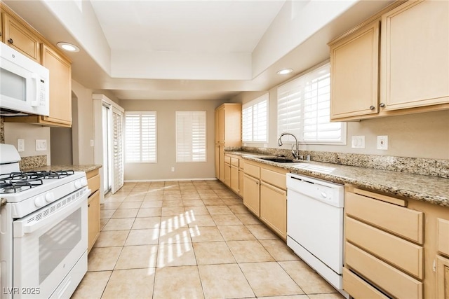 kitchen with a raised ceiling, white appliances, a sink, and a wealth of natural light