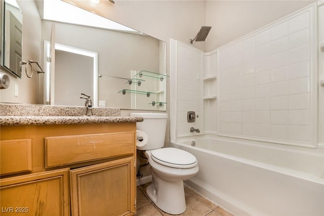 full bathroom featuring bathtub / shower combination, vanity, toilet, and tile patterned floors