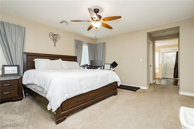 bedroom with baseboards, visible vents, ceiling fan, and light colored carpet