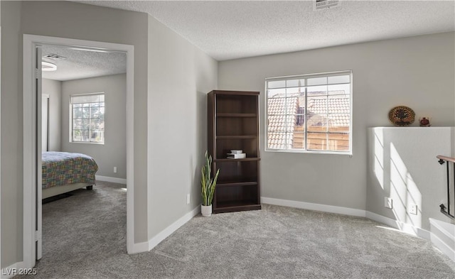 carpeted bedroom featuring visible vents, baseboards, and a textured ceiling